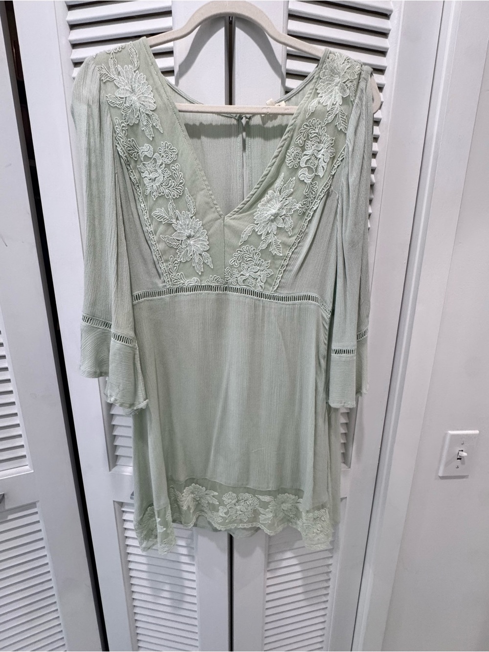Light Sage V-Neck Lace-Detail Tunic Dress